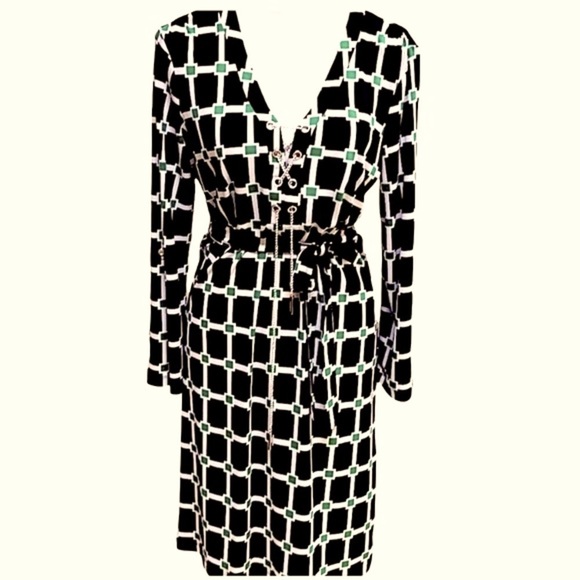 Jules & Leopold Black Green Geometric Belted Midi Dress Silver Chain Detail Sz S - Picture 6 of 14